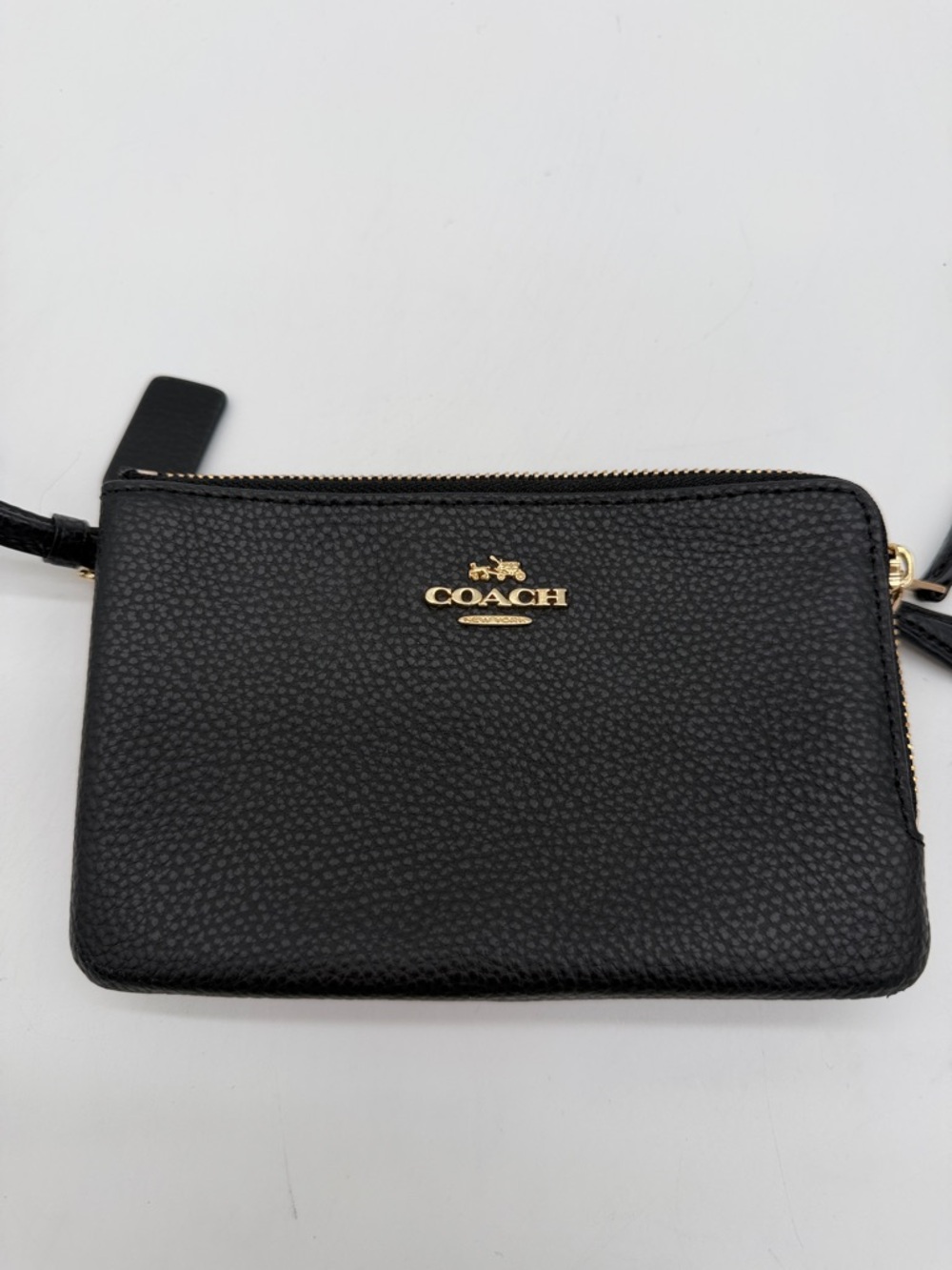 Coach Black Pebbled Leather Double Zip Wristlet with Gold Hardware
